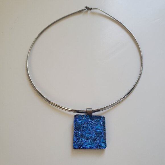 Blue Fused Glass Square Dichroic Pendant Necklace Electric Blue Violet Hues - Picture 5 of 7